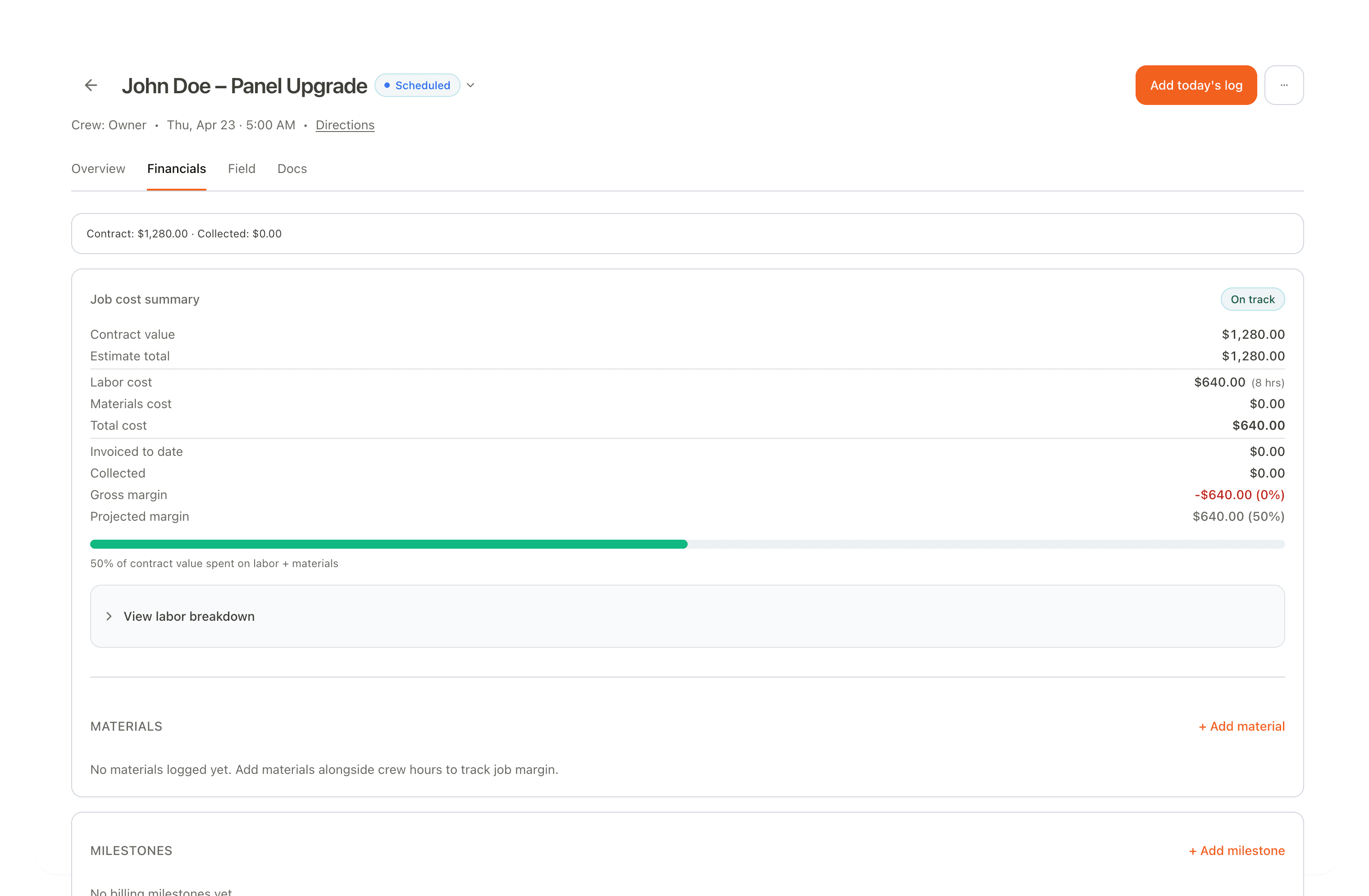Fieldwright job costing view showing labor versus estimate and margin on a job