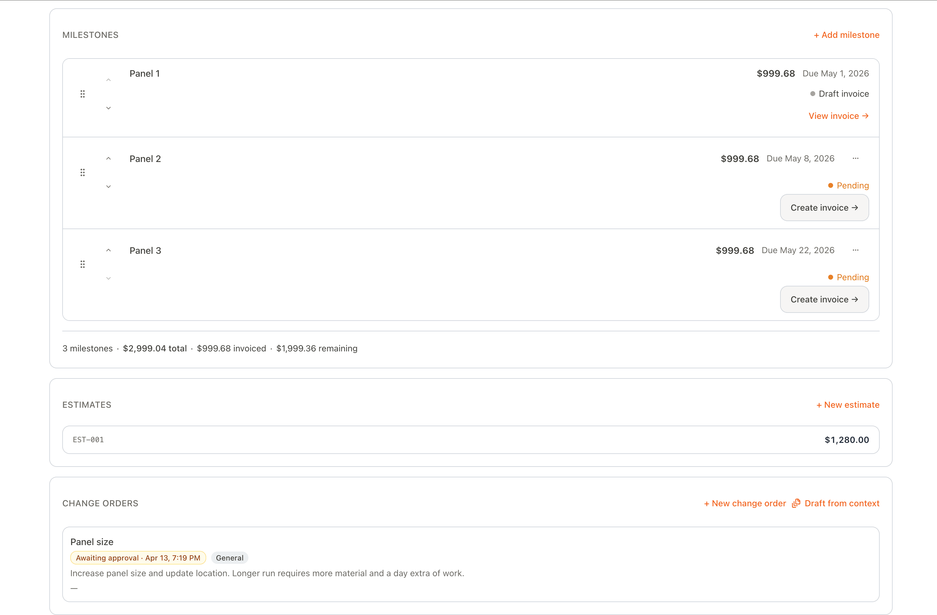 Fieldwright job with multiple milestones at different billing states