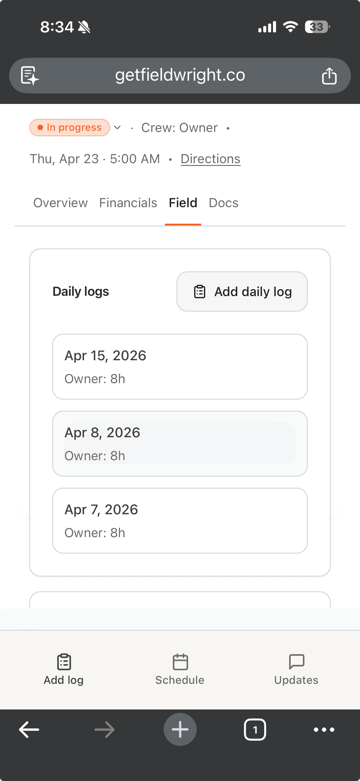 Fieldwright mobile view of daily log or crew schedule on a phone